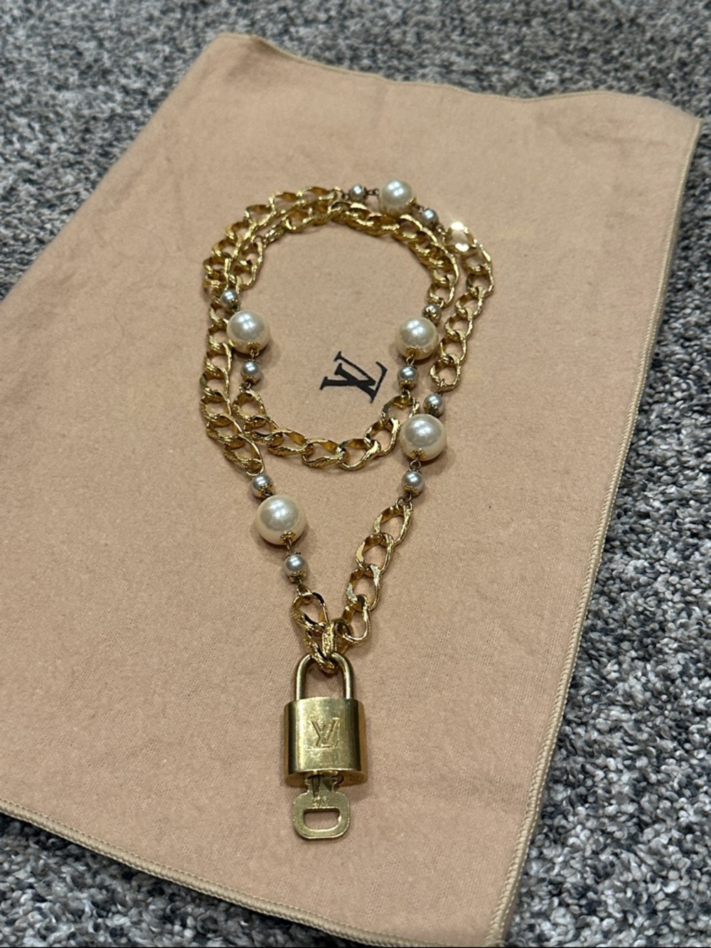 Vintage Gold and Faux Pearl chain Necklace with LV lock and key